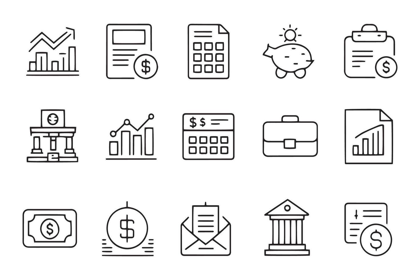 Finances, audit, accounting, taxes concept related black stroke outline icons set isolated flat illustration on white background vector