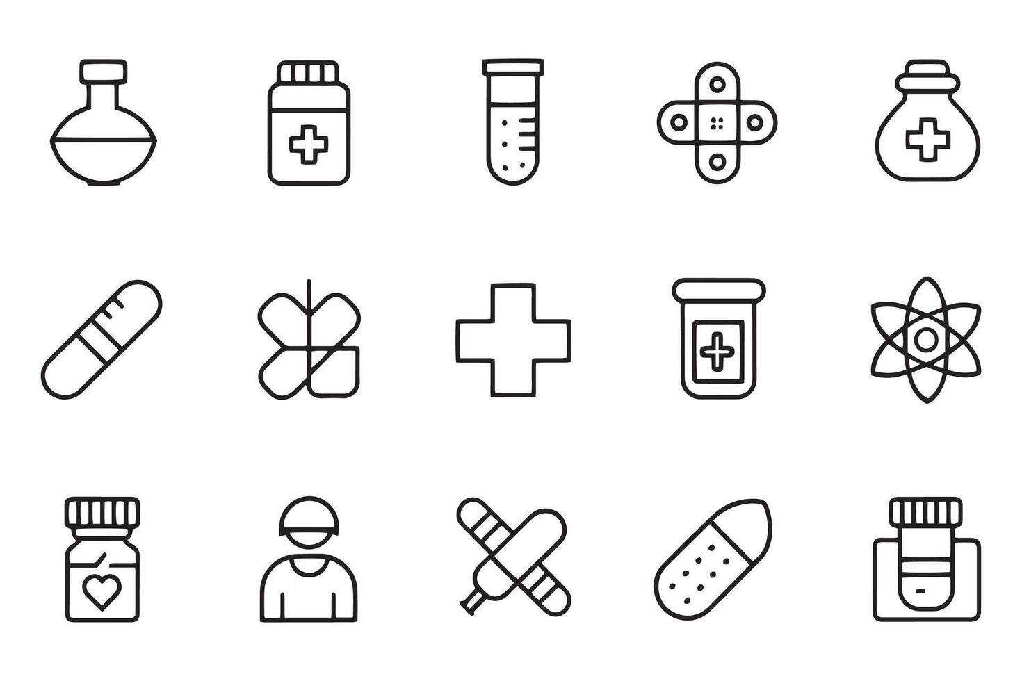 Pill, drug, medicine concept related black stroke outline icons set isolated on white background flat illustration. vector