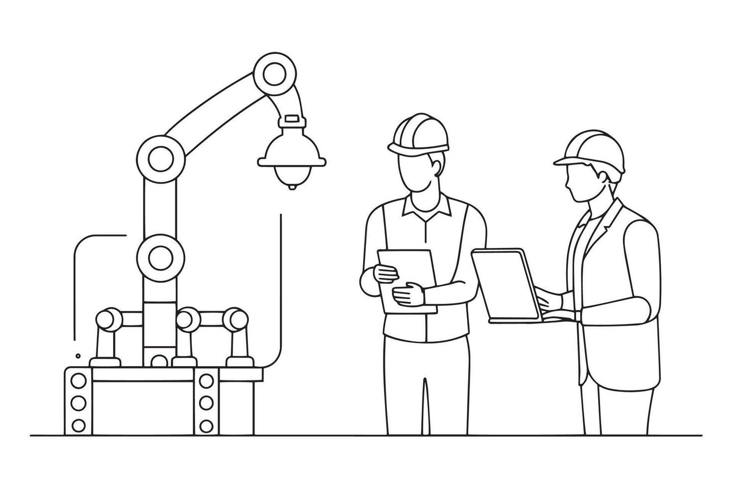 Two individuals examining a machine in an industrial factory setting, showcasing collaboration and technology in action One line continuous line art illustration on white background. vector