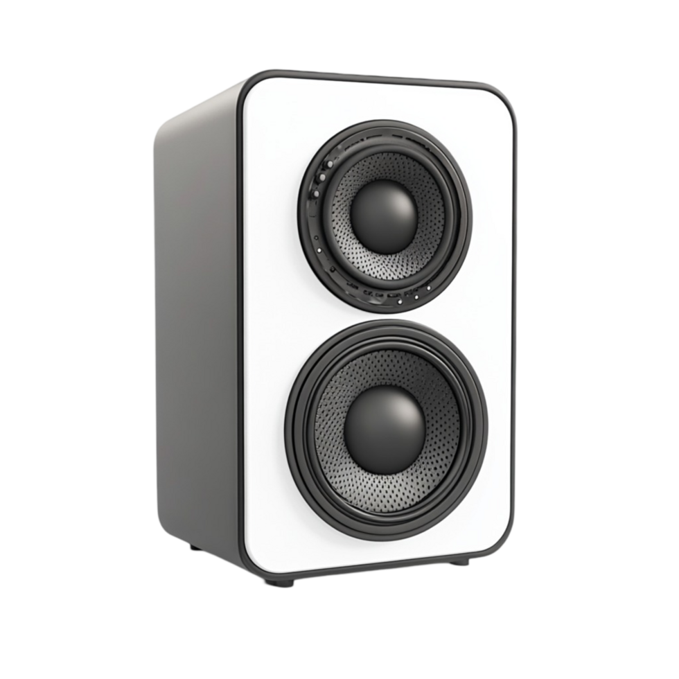 Modern White Cube-Shaped Speaker with Black Center and Cone png