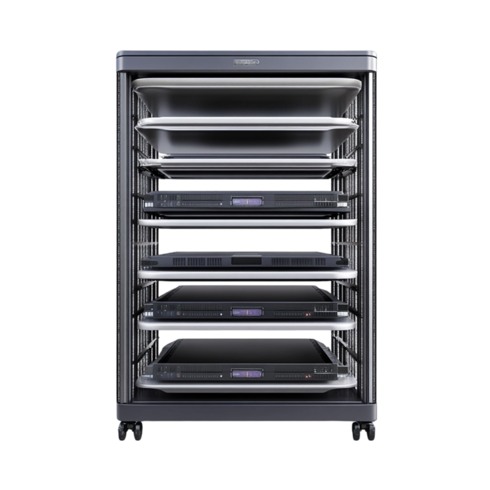 Vertical Storage Unit with Multiple Laptops on Shelves png