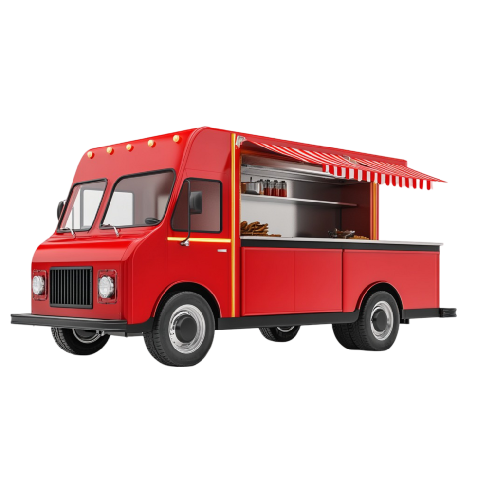 Vibrant Red Food Truck with Large Serving Window and Flat Top Grill png