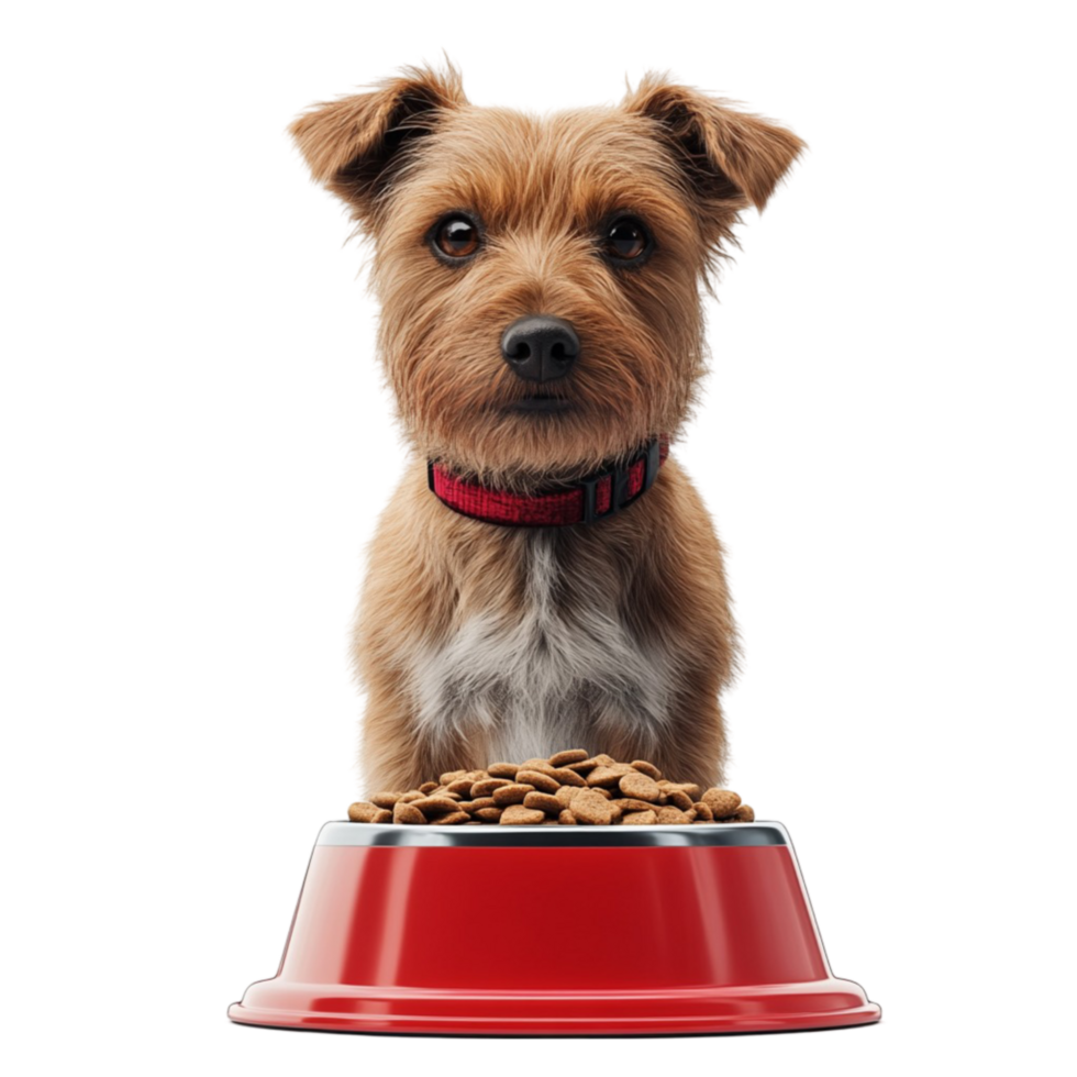 Small Dog Sitting on Red Pet Food Bowl with Curious Expression png