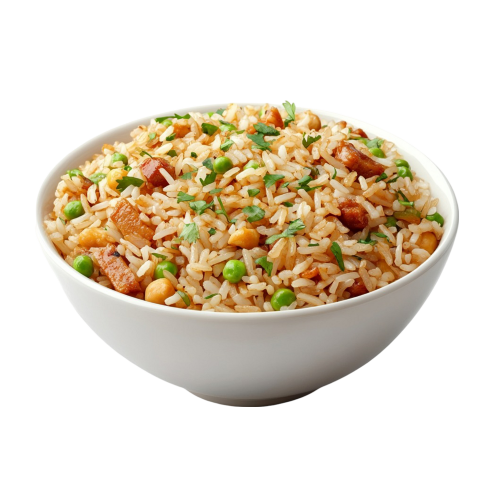 Close-Up of Bowl of Rice with Vegetables, Meat, and Herbs png