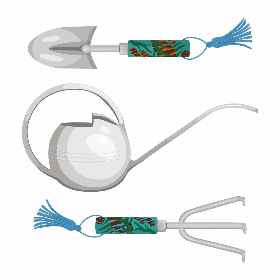 Gardening Tools Set, Shovel, Rake, Watering Can vector