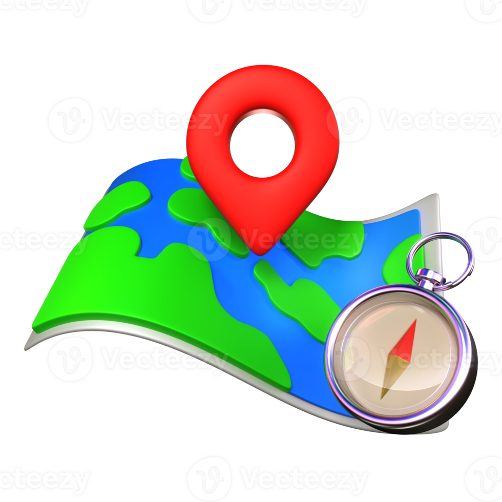 3d render red location pin over map with route png