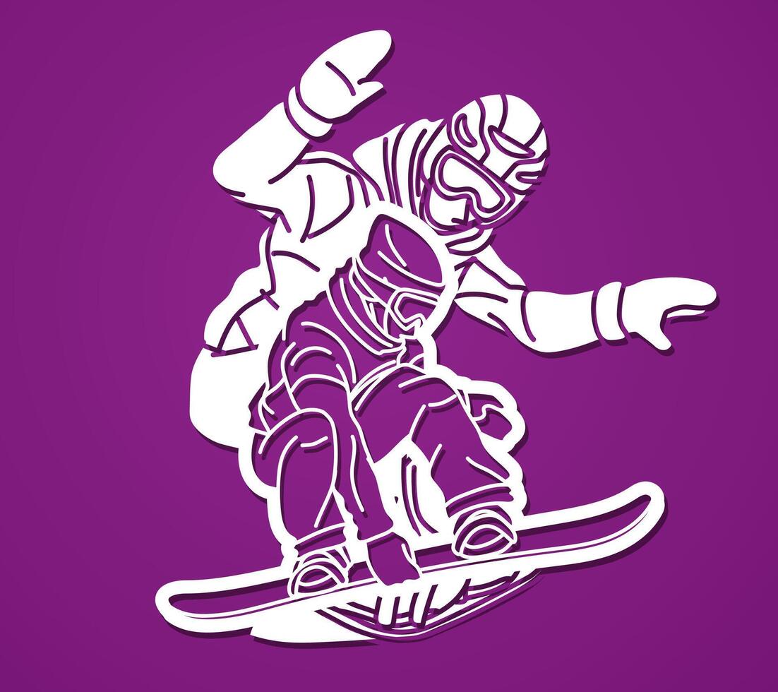 Extreme Sport Snowboard Players Mix Action Snowboarder Cartoon Graphic vector