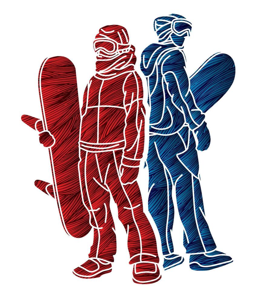 Snowboard Players Mix Action Graffiti Snowboarder Cartoon Graphic vector