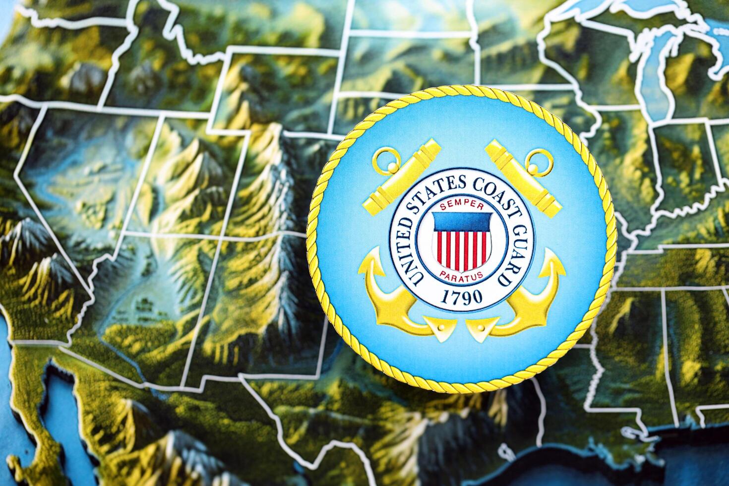KYIV, UKRAINE - JUNE 26, 2024 United States Coast Guard coat of arms on paper map of United States photo