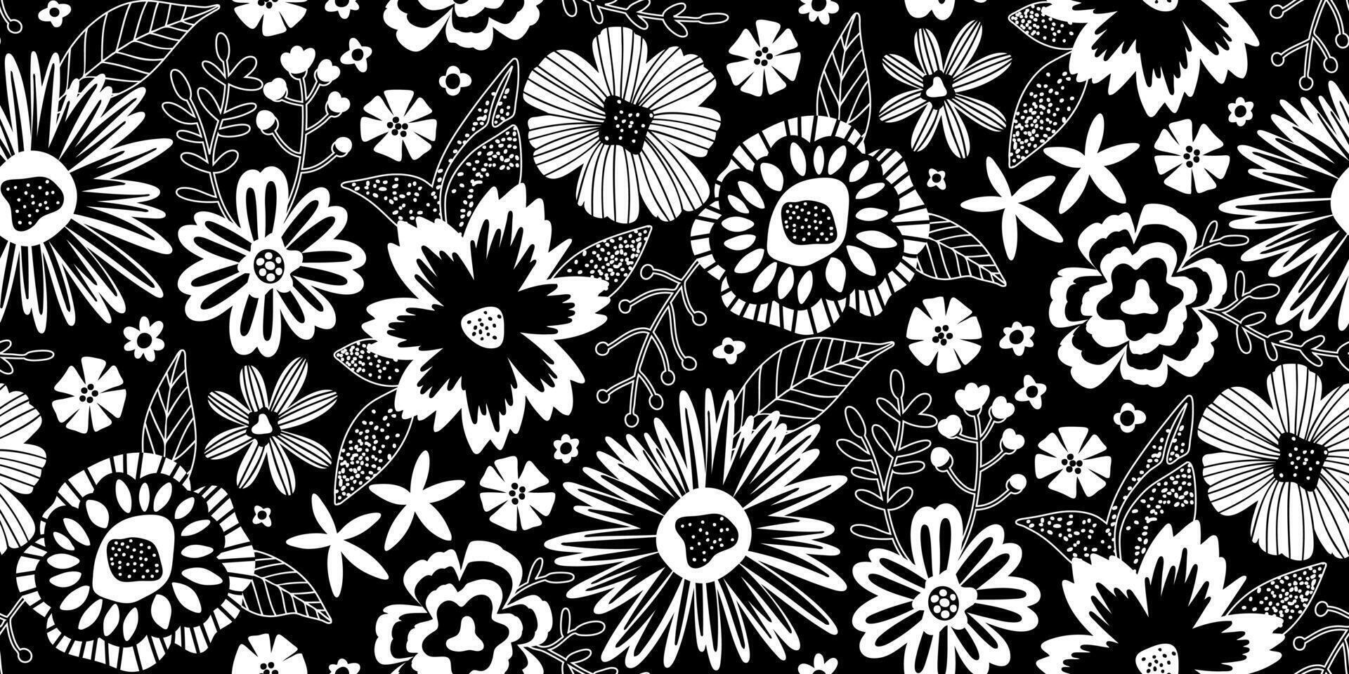 Half drop Floral Seamless Pattern of Fantasy Flowers in Black and White. Wallpaper Design for Textiles, Papers, Prints, Fashion, Beauty Products, Wrappings. vector