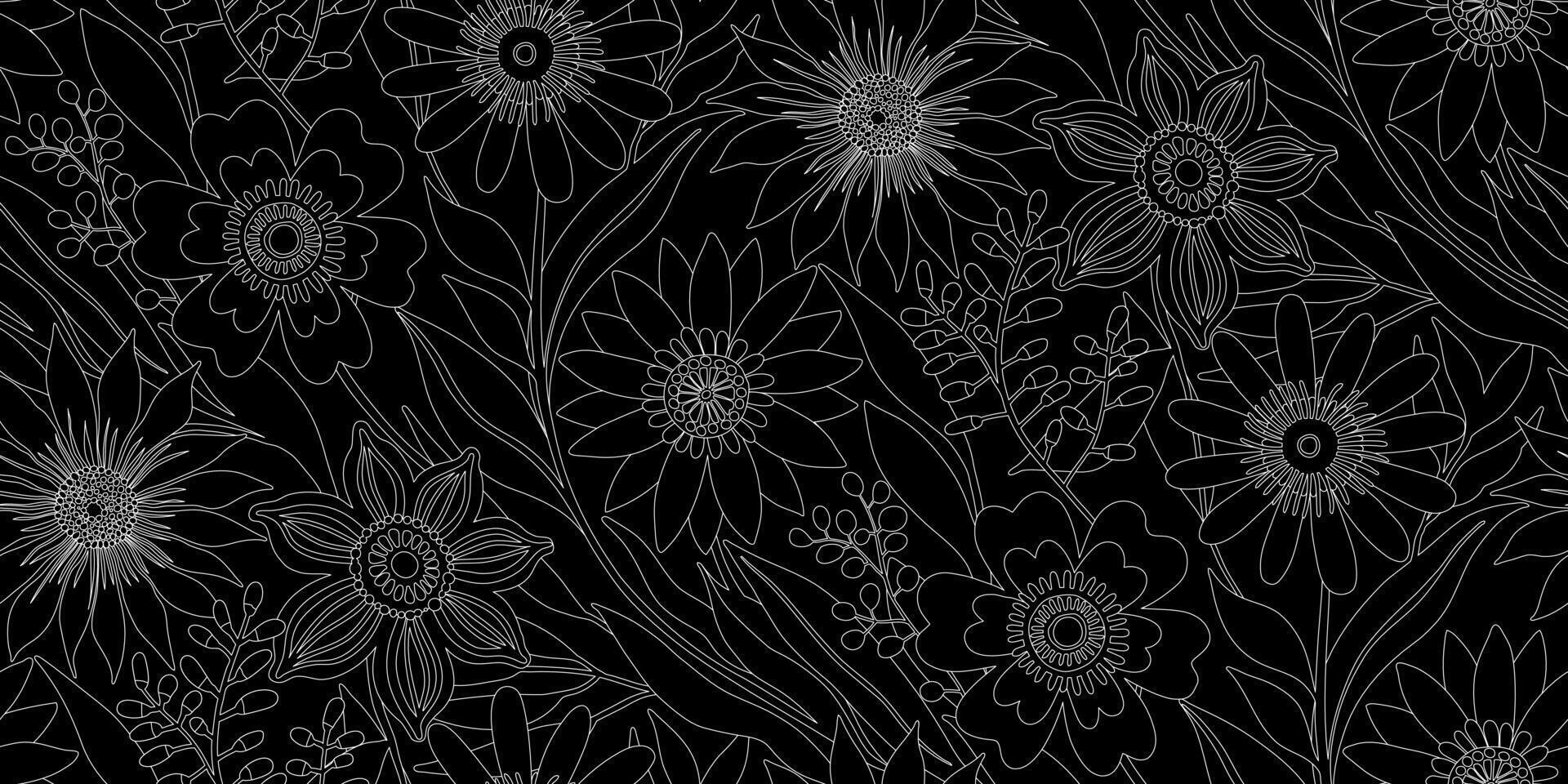 Floral Seamless Pattern of Flowers and Leaves in Line Art Bohemian style, White Outline on Black Background. Wallpaper Design for Textiles, Fabrics, Papers, Prints, Beauty Products. vector