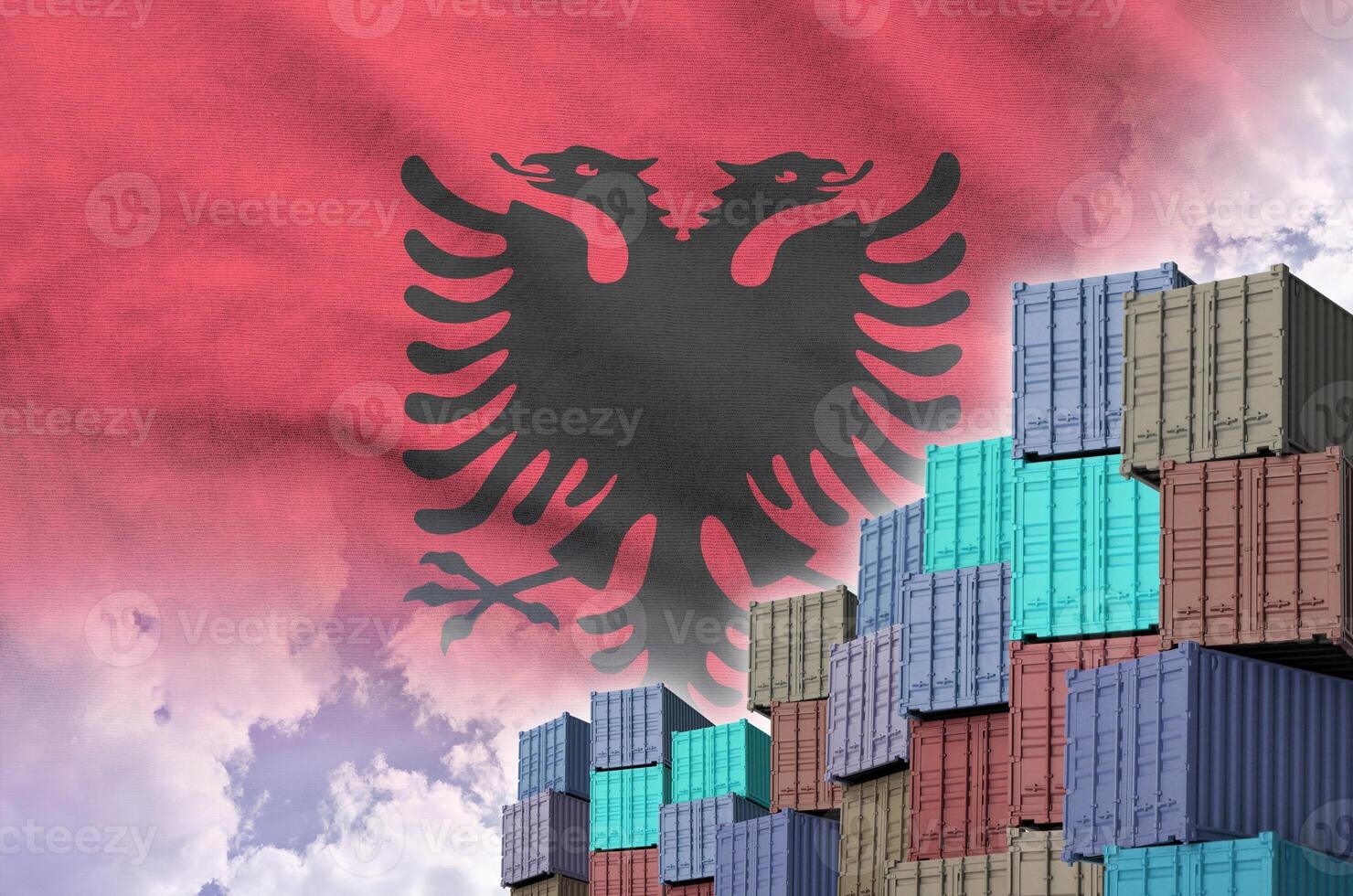 Albania flag and big stack of shipping cargo containers in docks with sky background photo