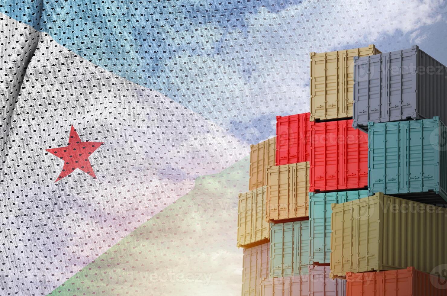Djibouti flag and big stack of shipping cargo containers in docks with sky background photo