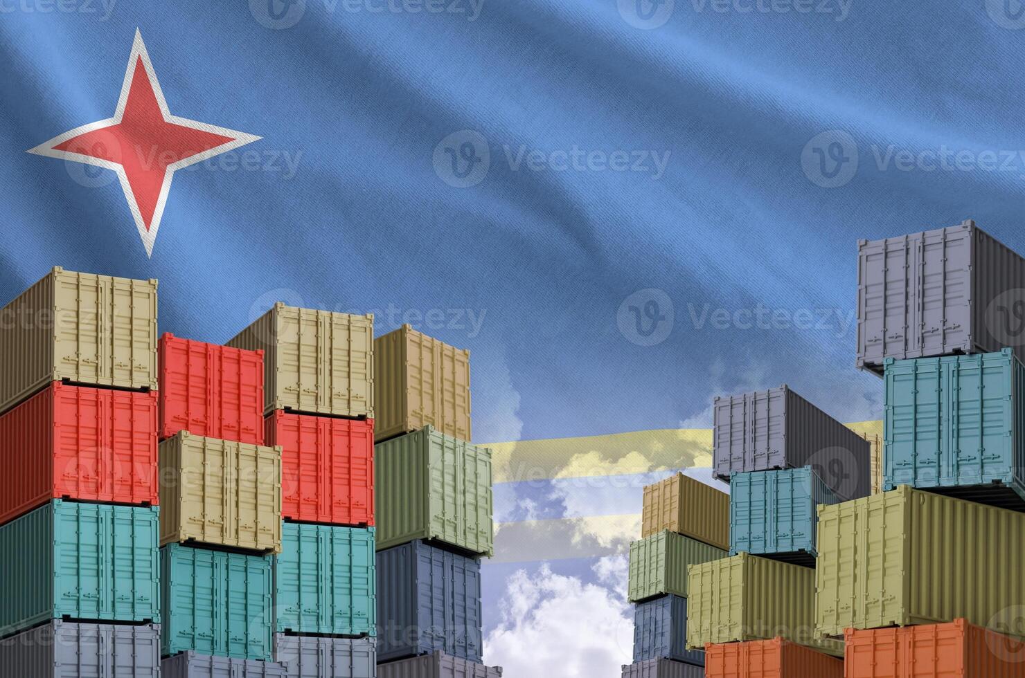Aruba flag and big stack of shipping cargo containers in docks with sky background photo