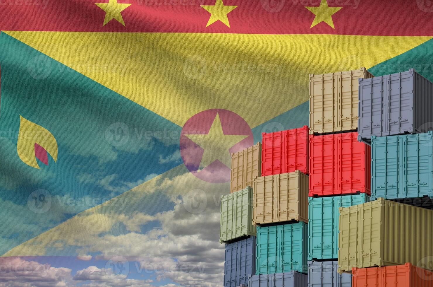 Grenada flag and big stack of shipping cargo containers in docks with sky background photo