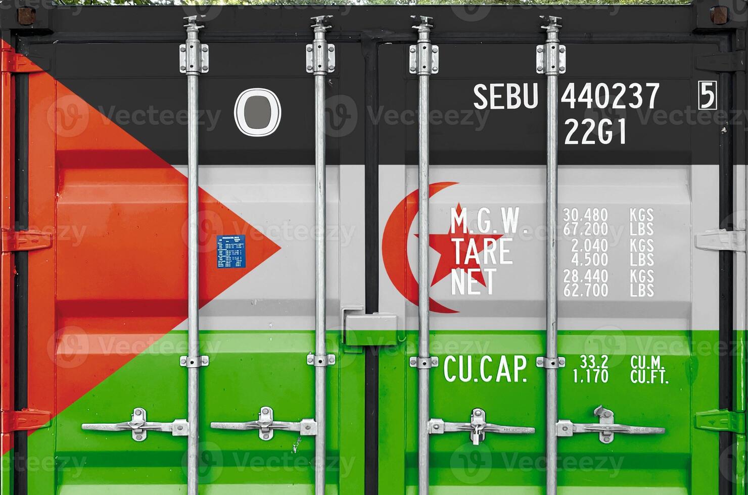 Western Sahara flag depicted on metal doors of shipping cargo container outdoors in docks area photo