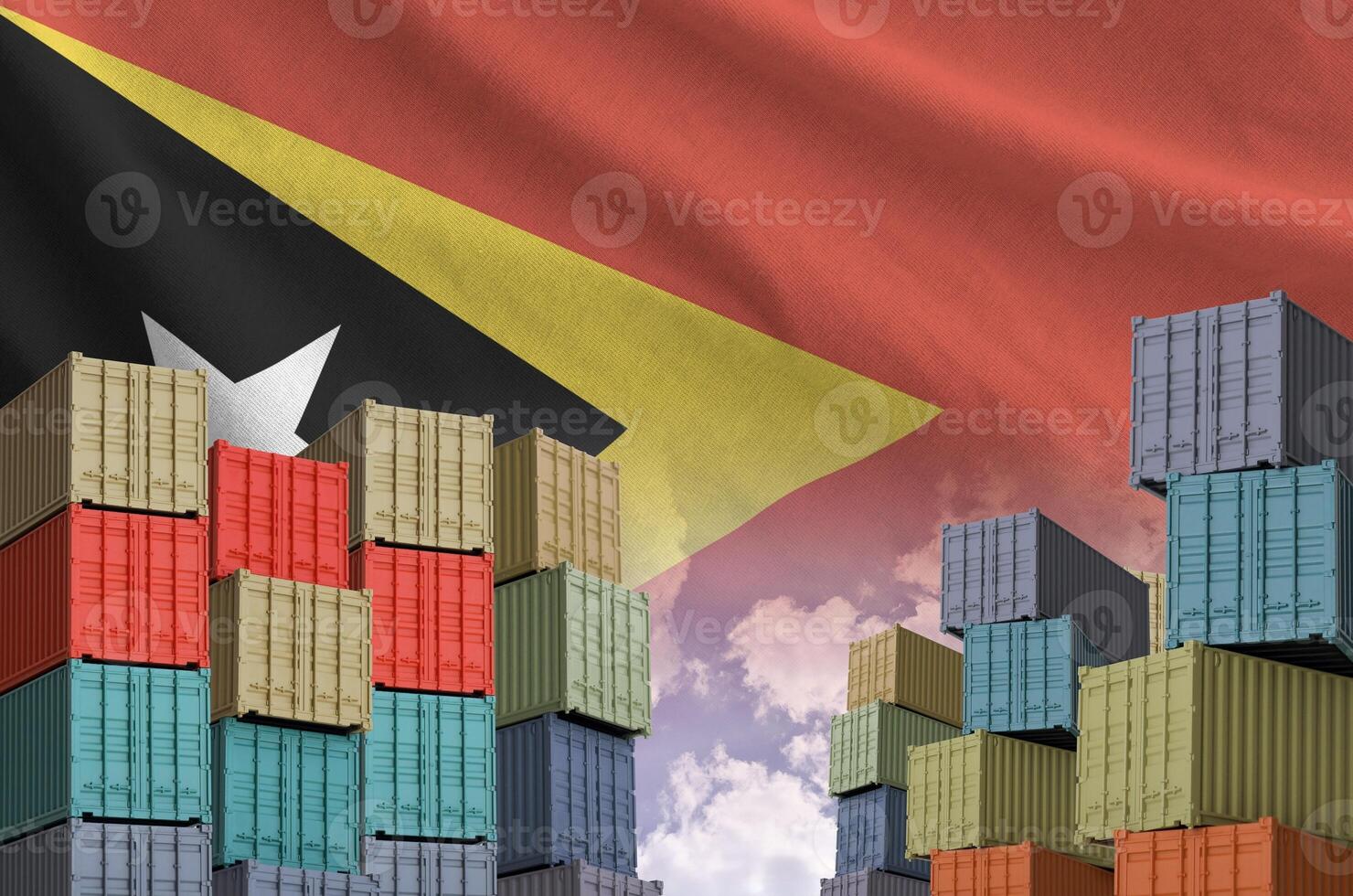Timor Leste flag and big stack of shipping cargo containers in docks with sky background photo