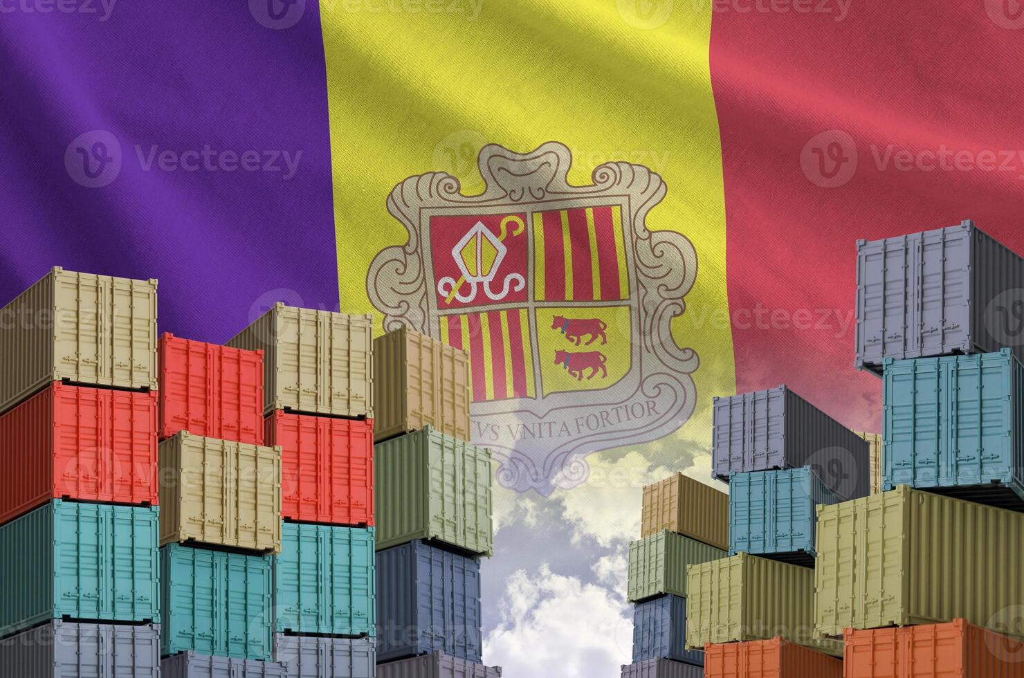 Andorra flag and big stack of shipping cargo containers in docks with sky background photo