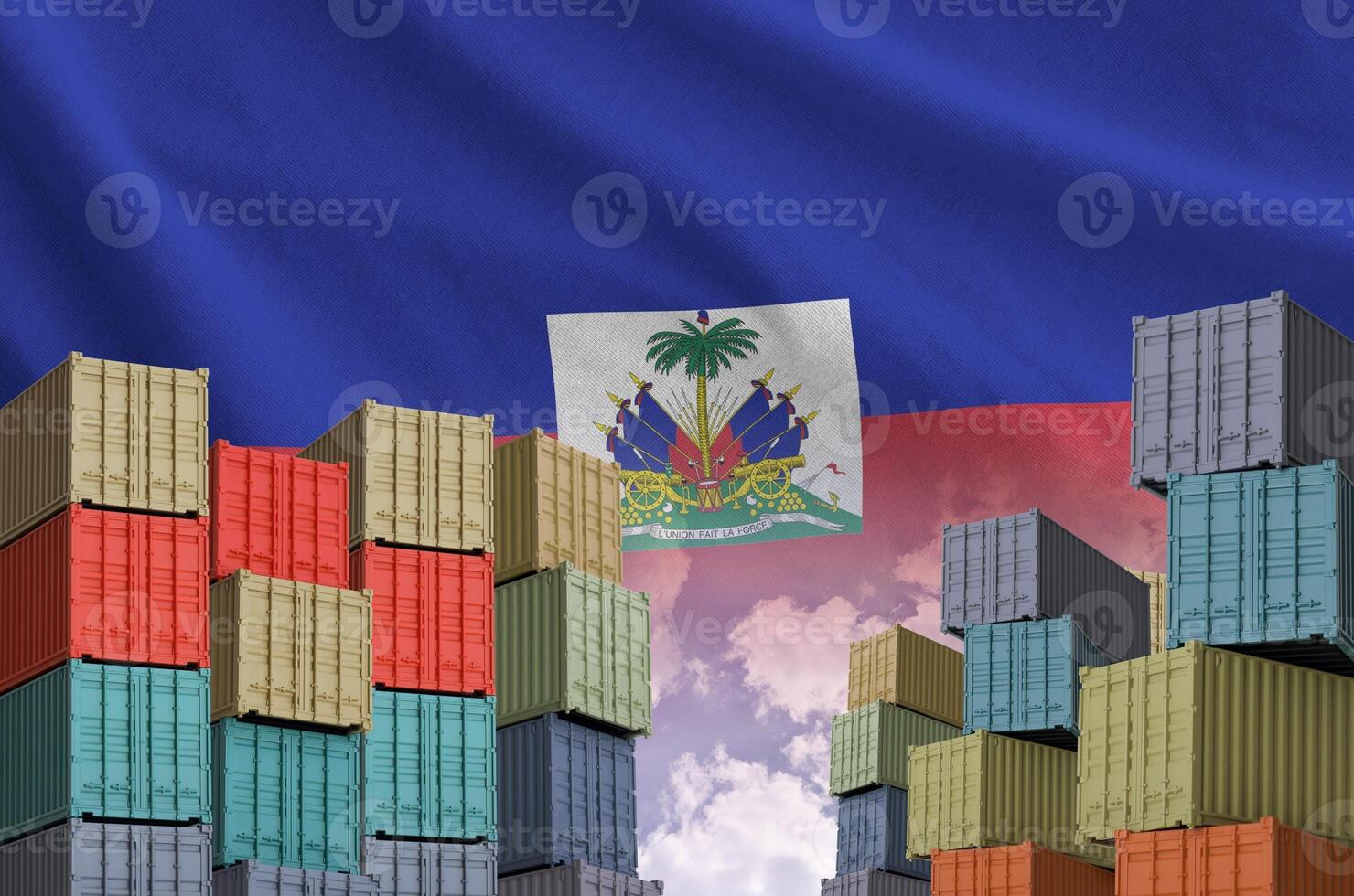 Haiti flag and big stack of shipping cargo containers in docks with sky background photo