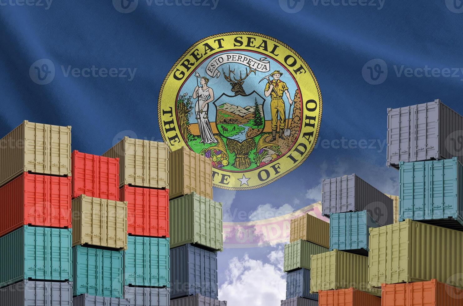 Idaho US state flag and big stack of shipping cargo containers in docks with sky background photo