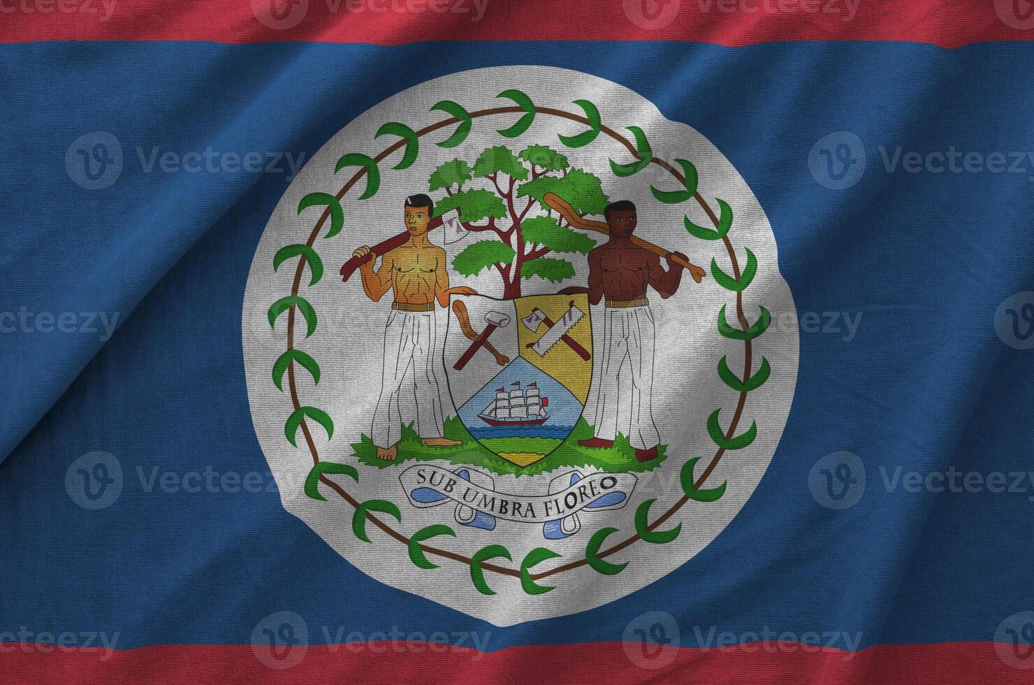 Belize flag depicted on folded wavy fabric of old cloth photo