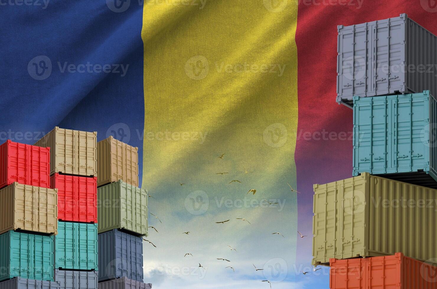 Romania flag and big stack of shipping cargo containers in docks with sky background photo