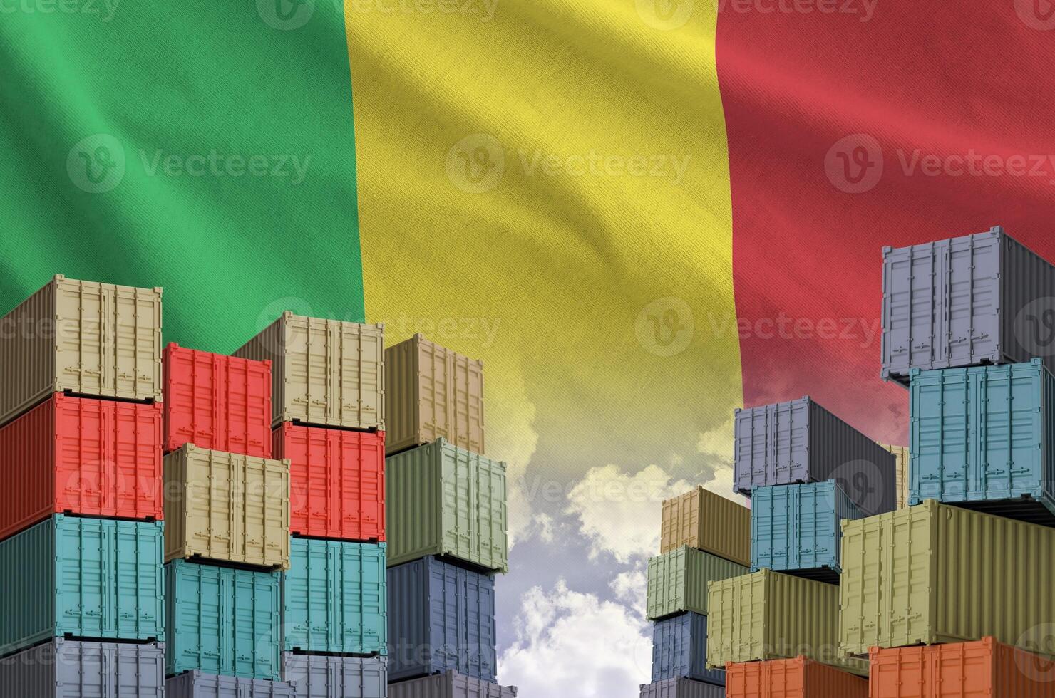 Mali flag and big stack of shipping cargo containers in docks with sky background photo