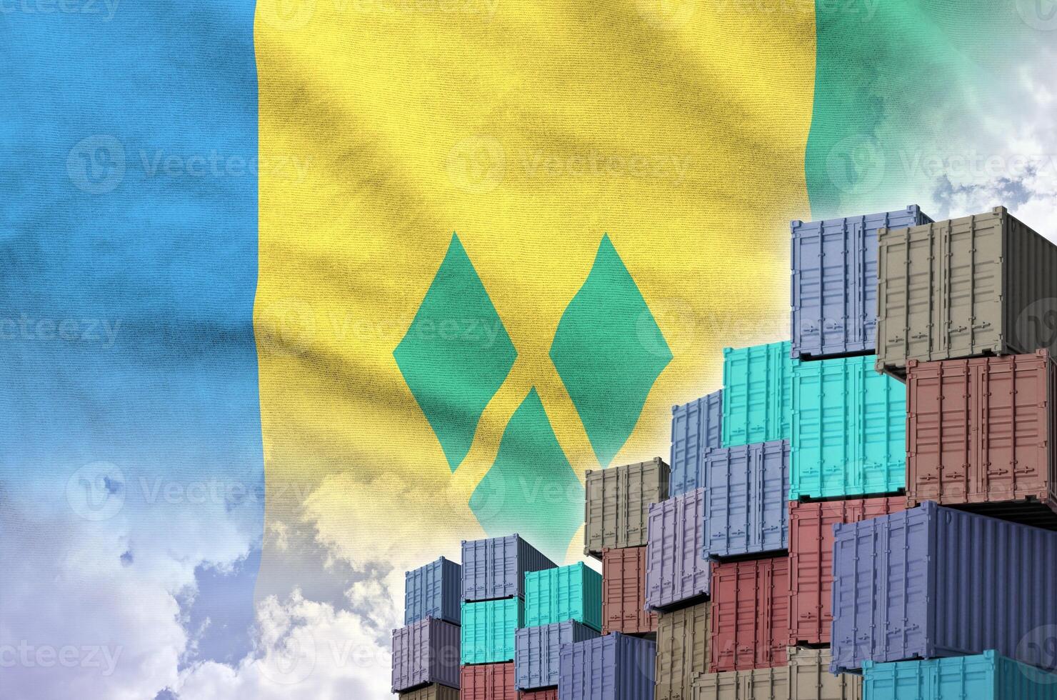 Saint Vincent and the Grenadines flag and big stack of shipping cargo containers in docks with sky background photo
