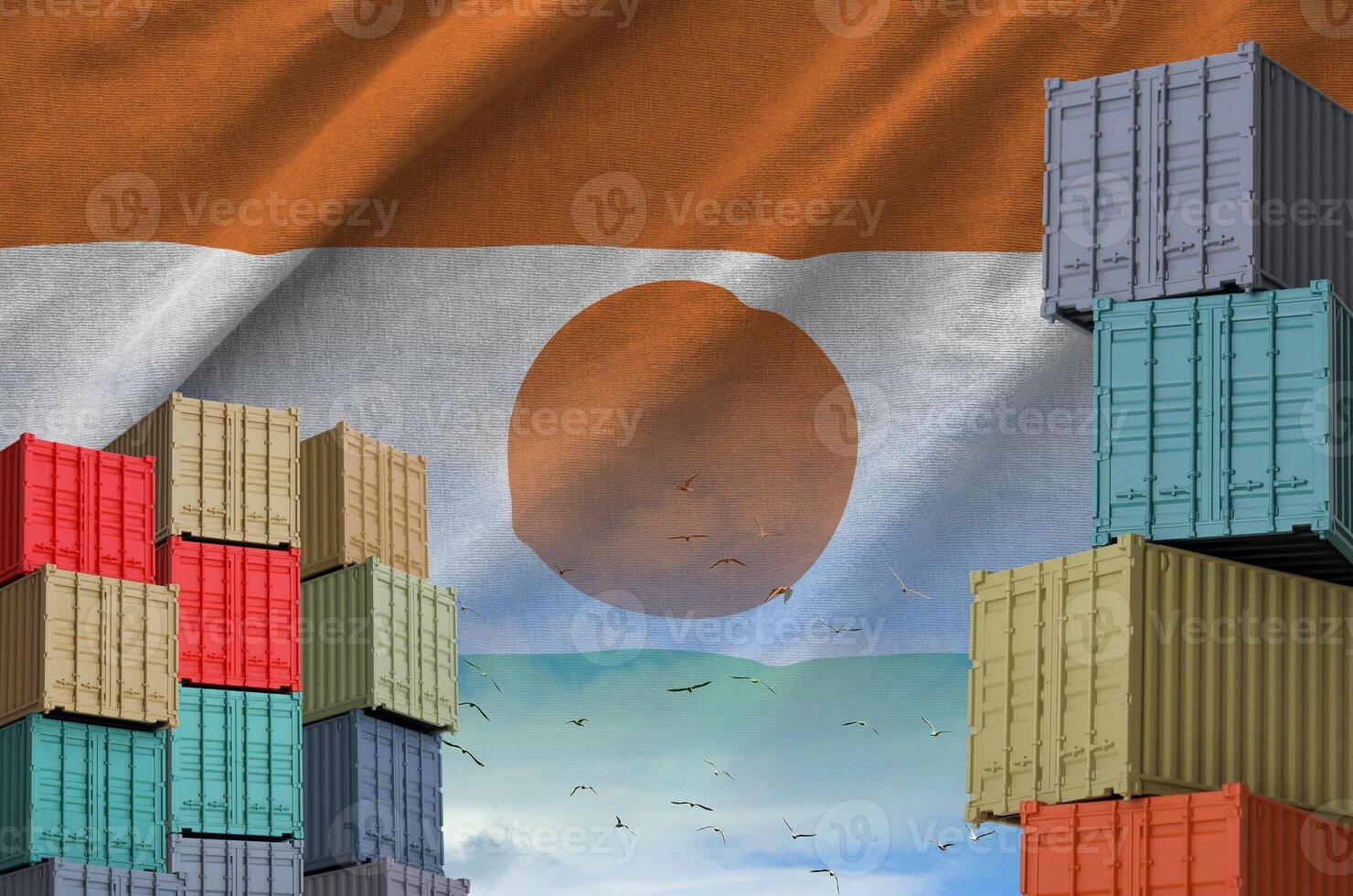 Niger flag and big stack of shipping cargo containers in docks with sky background photo