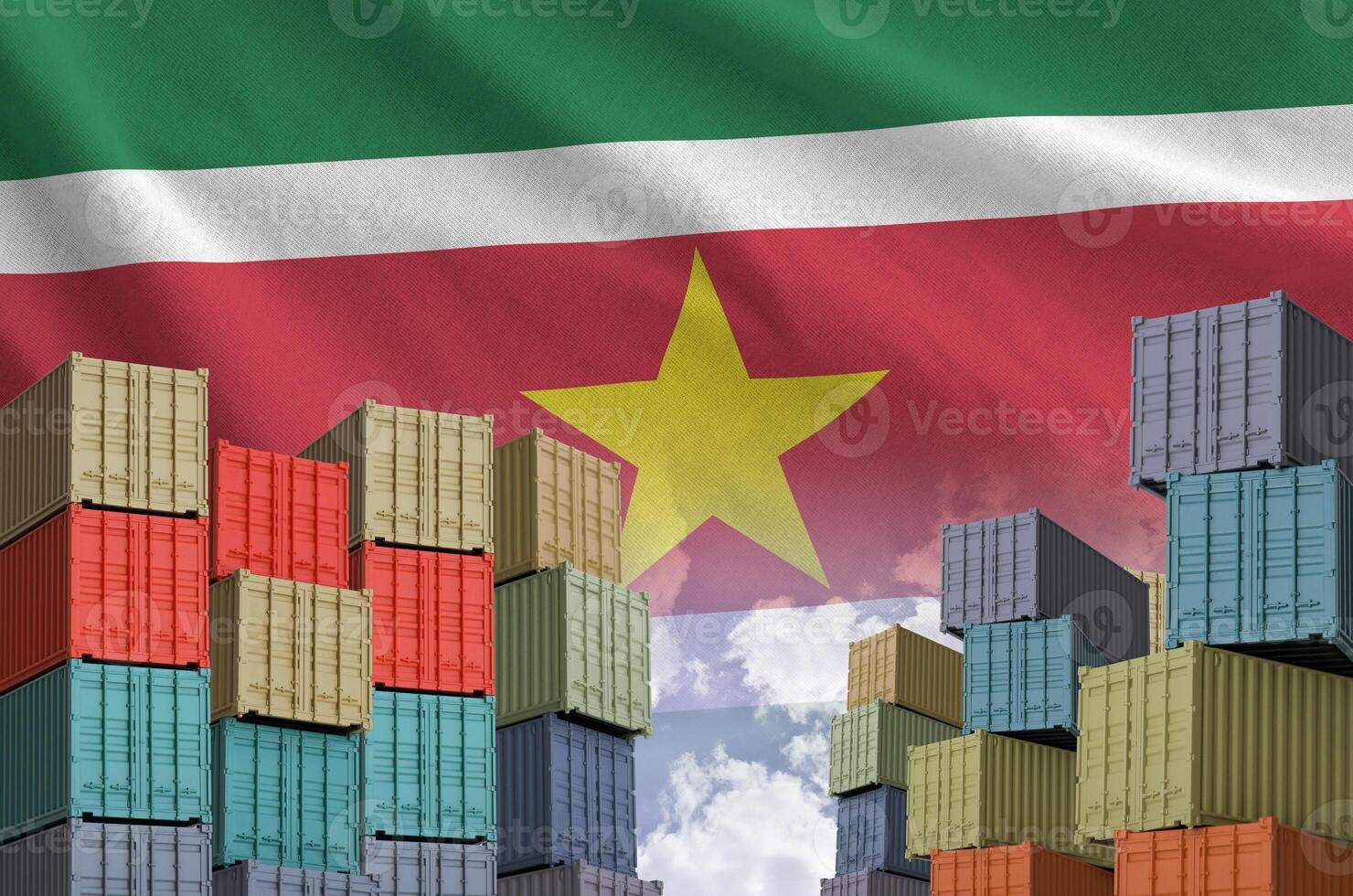 Suriname flag and big stack of shipping cargo containers in docks with sky background photo