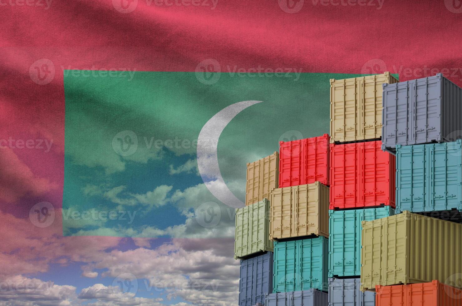 Maldives flag and big stack of shipping cargo containers in docks with sky background photo