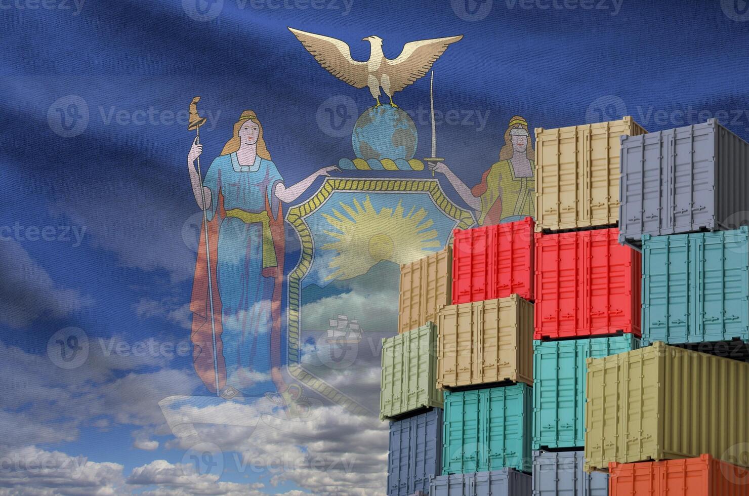 New York US state flag and big stack of shipping cargo containers in docks with sky background photo