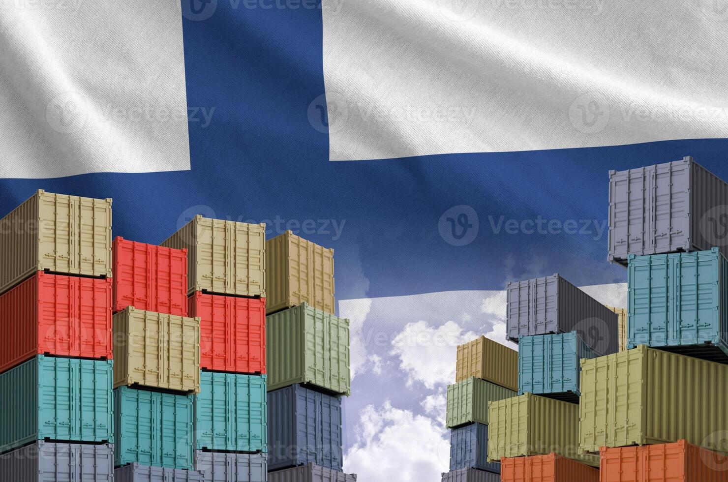 Finland flag and big stack of shipping cargo containers in docks with sky background photo