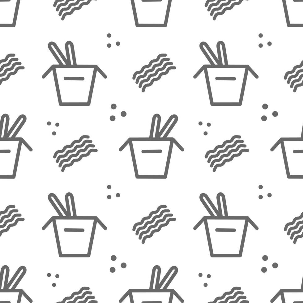 Cute wok noodle box seamless pattern. line cartoon illustration icon. Traditional asian food. Fast food takeout in a box. Minimalistic flat design. Noodle, wok box. vector