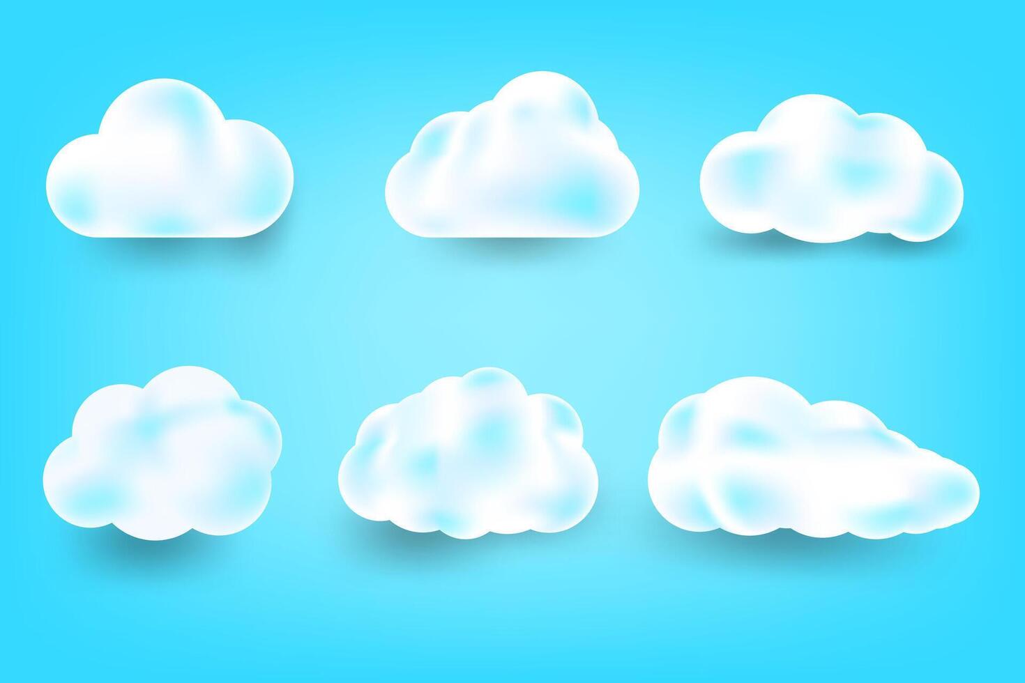 White cute clouds set isolated on blue background. 3d realistic soft fluffy clouds icon blue sky vector