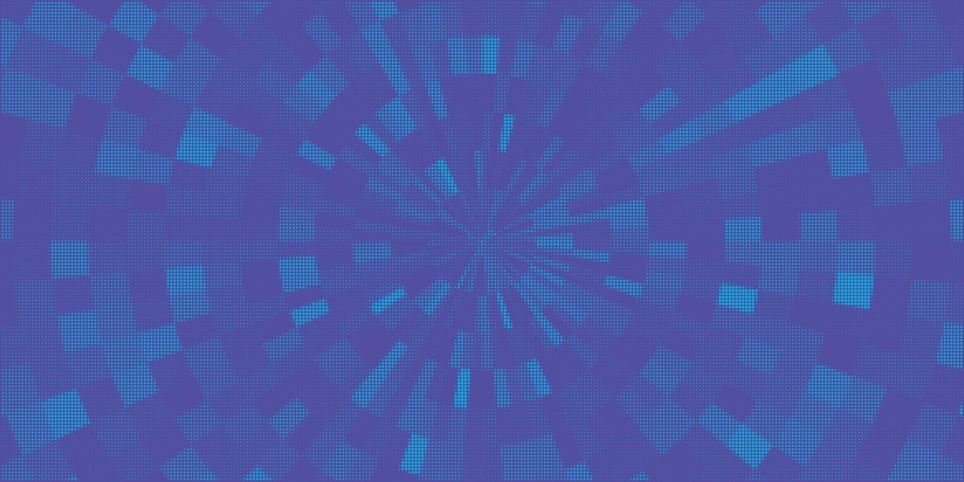 Blue Geometric Sunburst with Pixelated Texture. rectangular shapes with halftone dot radial burst vector