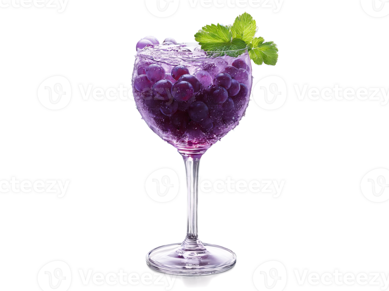 Grape soda in a stemmed glass clusters of grapes and mint leaves around vibrant purple png