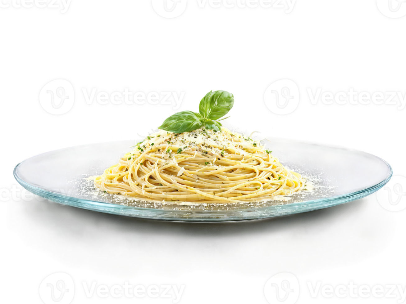 Linguine with White Truffle Oil and Parmesan served on a transparent glass plate luxurious png