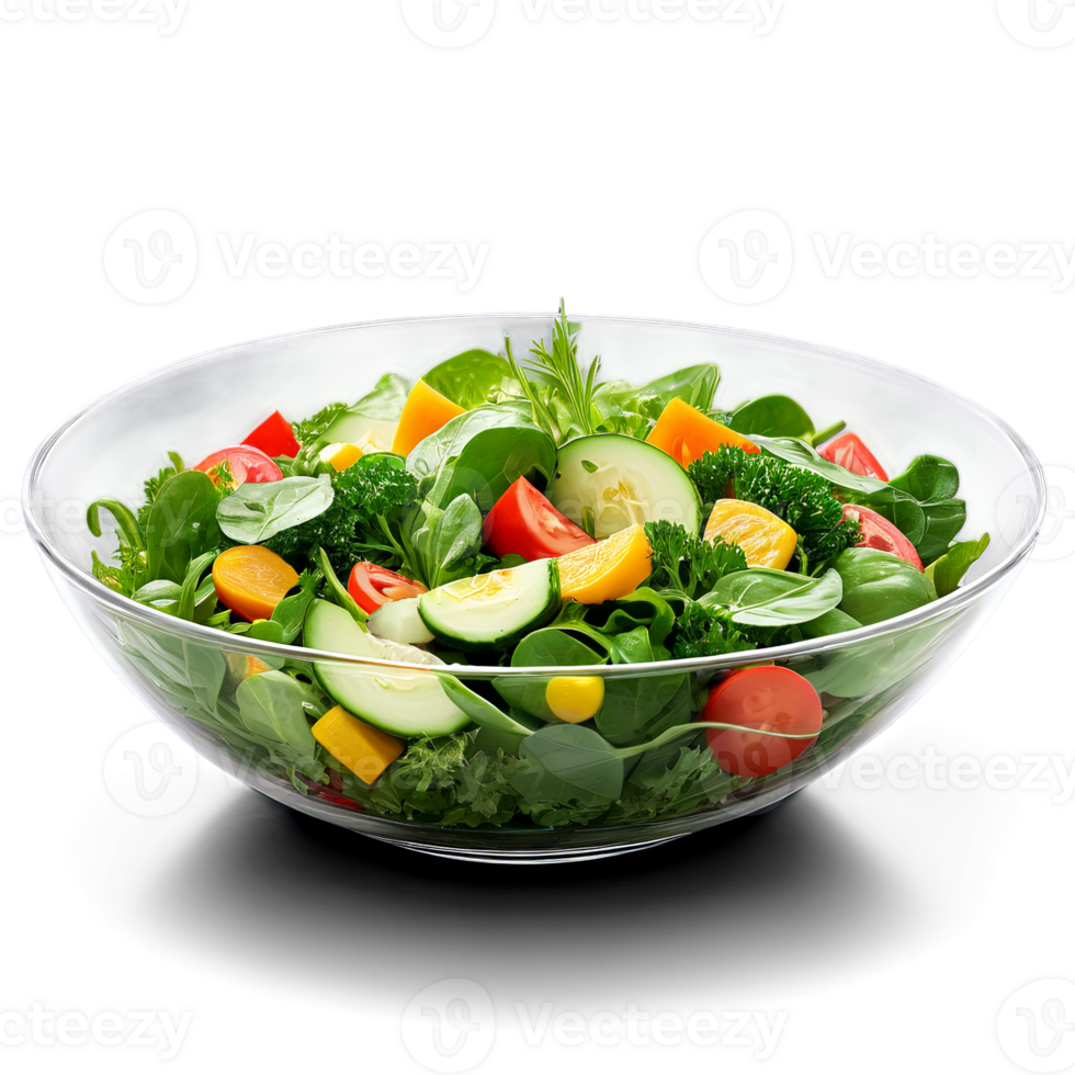 A refreshing and light salad in a deep, clear glass bowl, featuring a mix of fresh greens, vegetables, png