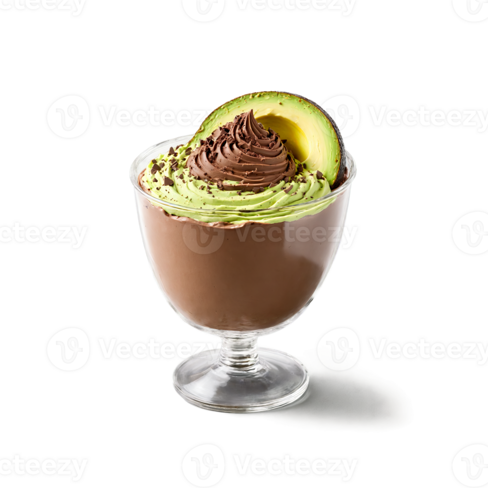 Avocado chocolate mousse rich and creamy swirling and dipping with a dusting of cocoa powder png