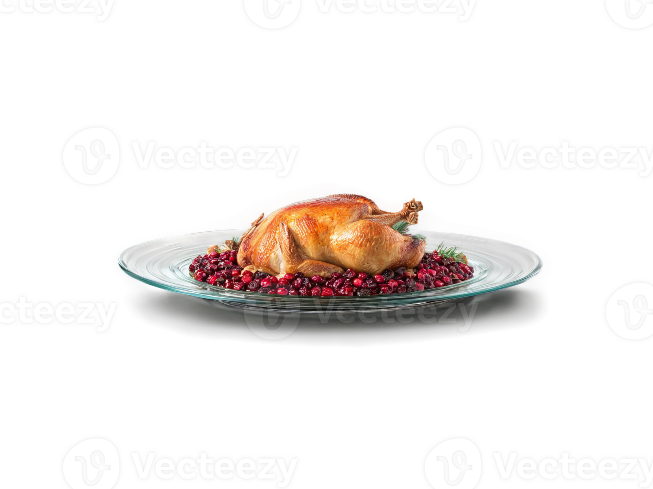 Turkey dinner sliced with stuffing and cranberry sauce on a large transparent glass platter festive png