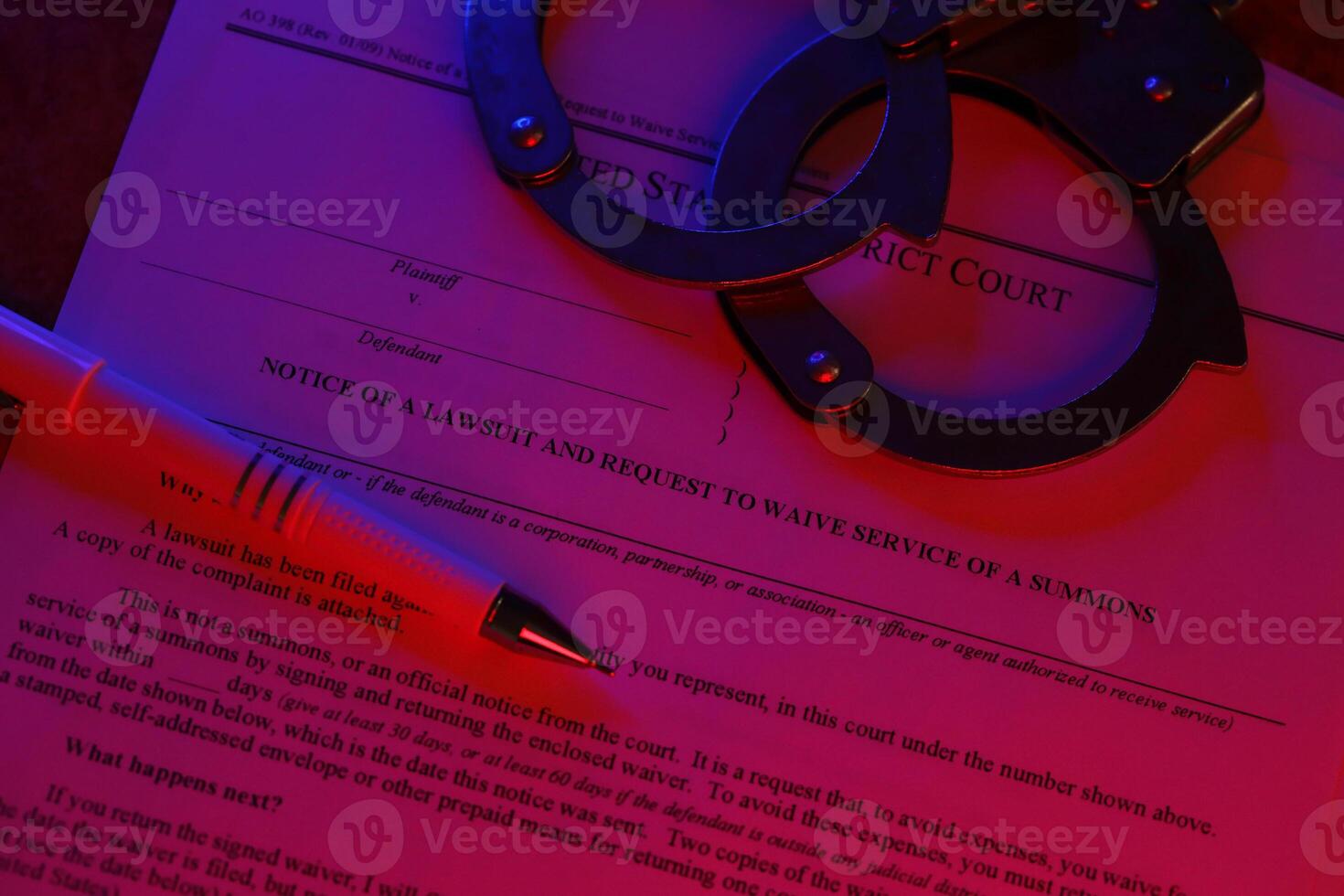 District court Notice of the lawsuit and request to waive service of a summons. Papers with handcuffs and blue pen on table photo