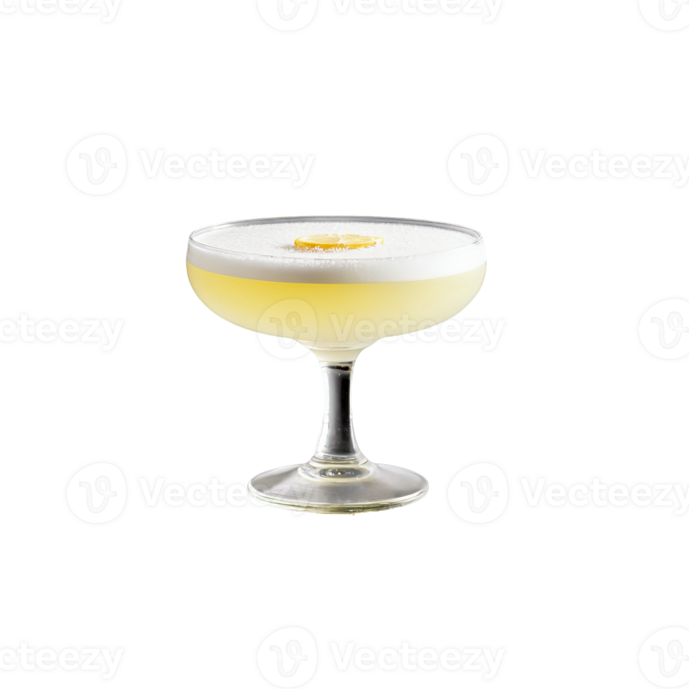 Pisco Sour glass short and stemmed housing a frothy pale lime Pisco and citrus cocktail png