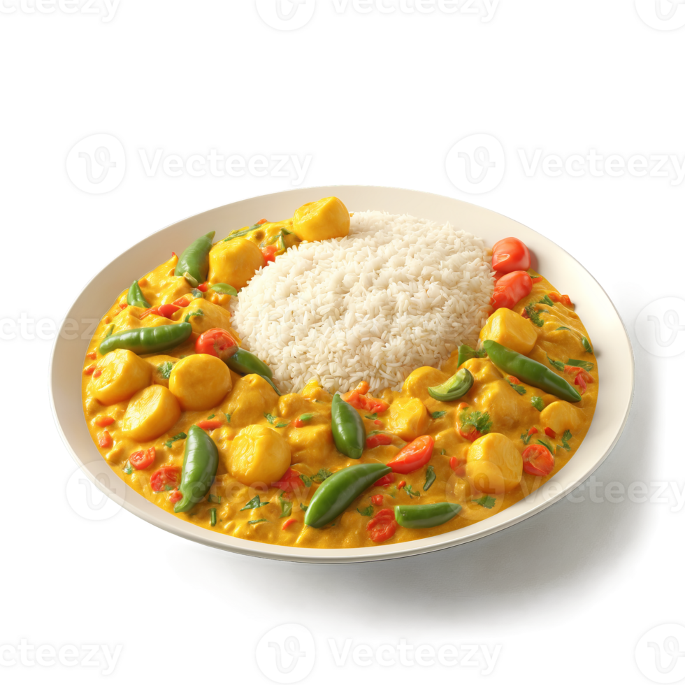 Vegetable curry colorful medley in creamy golden sauce basmati rice mound isolated on transparent Food png