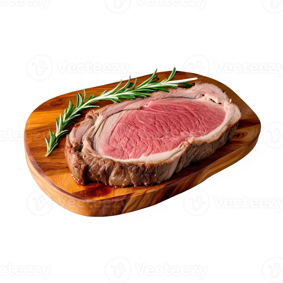 Prime rib roast bone in medium rare garnished with rosemary top down view png