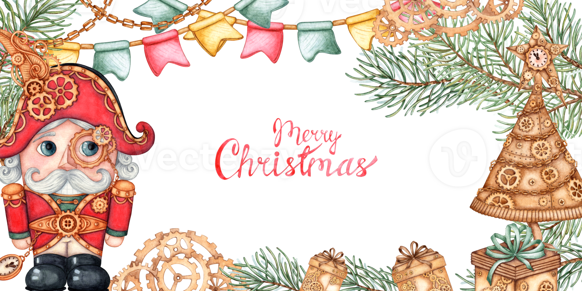 Nutcracker in steampunk style with fir branches and golden Christmas tree, watercolor illustration. A figurine of a man with a large head and a smiling face cracking nuts. Banner isolated background. png