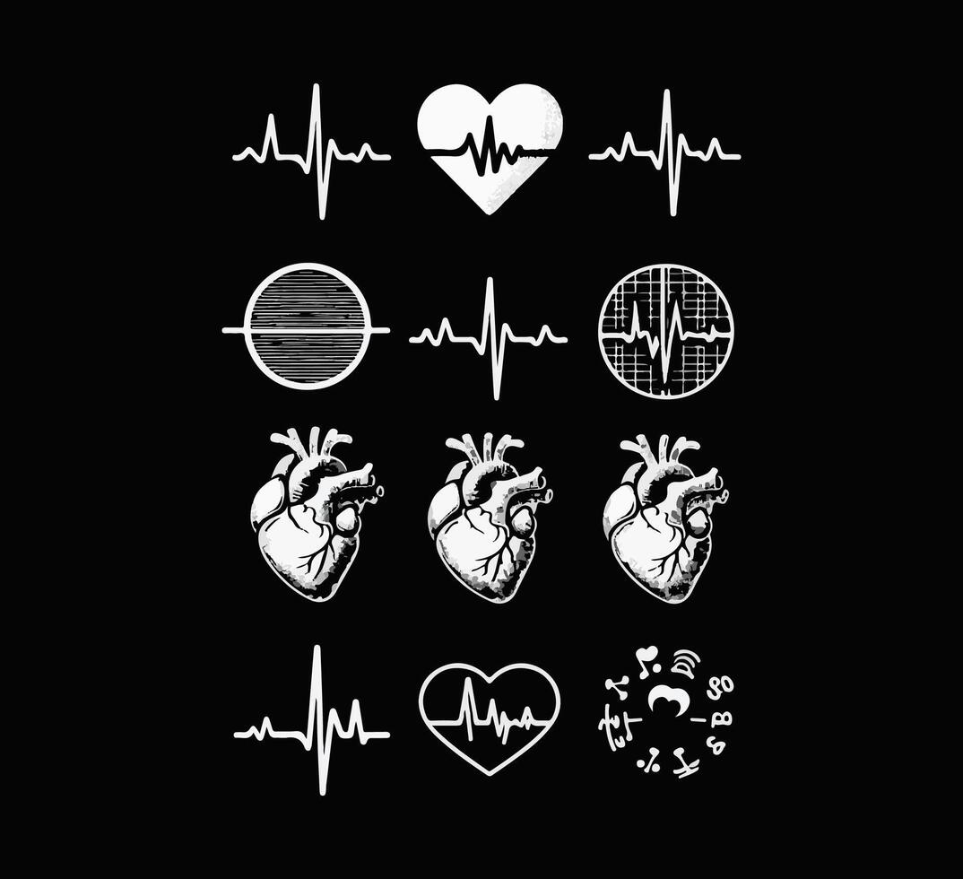 Clip art heart rhythm set, Electrocardiogram, Black and With Background, illustration vector
