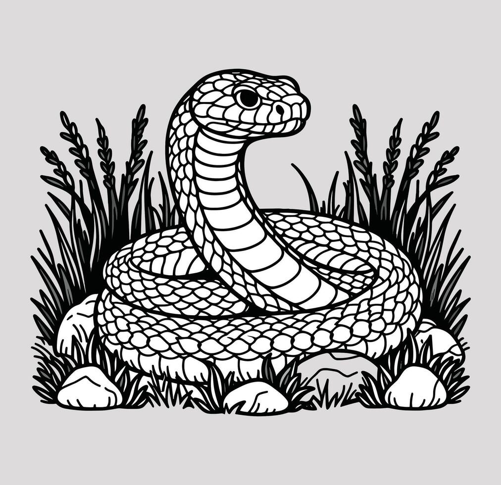 A straightforward depiction of a viper resting on a rock surrounded by grass vector