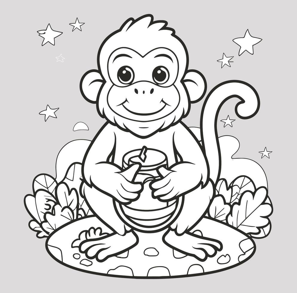 A children's coloring book showcasing a monkey in a illustration, illustration, photo, poste vector