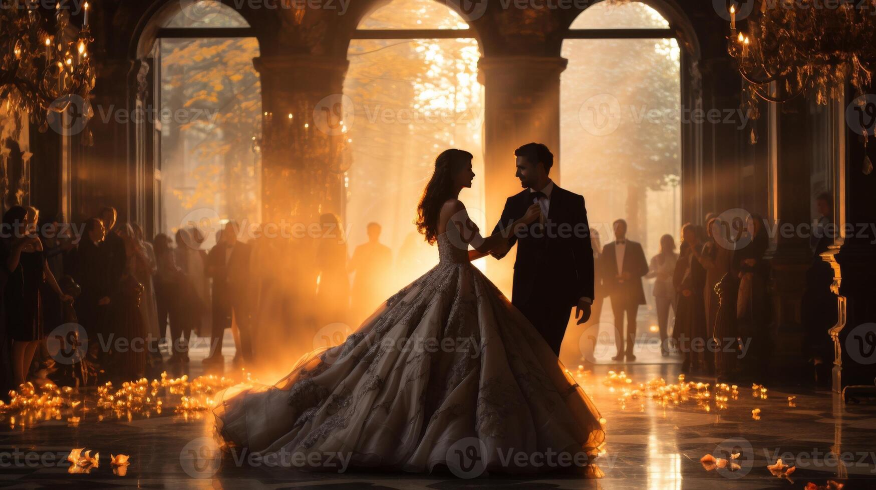 A couple dancing in a grand ballroom, dressed in elegant attire with flowing gowns and suits photo